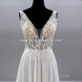 Sexy Illusion V Neck Flower Pattern Sleeveless Bride Gown Backless Wedding Dress White